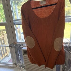 Cream and Orange Crew Neck Sweater with Elbow Patches